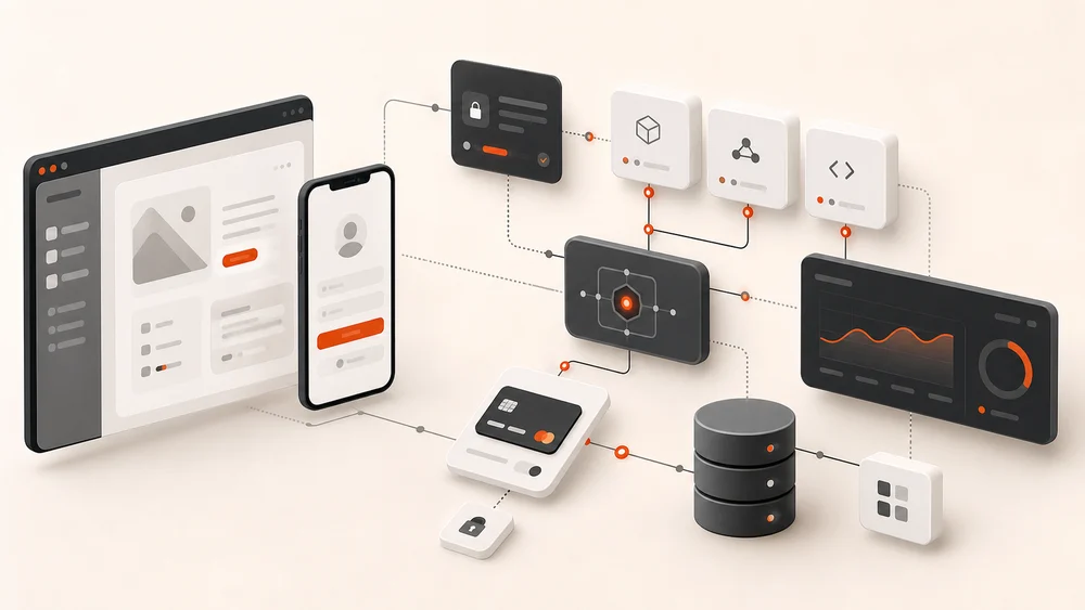 Connected full-stack workflow with app screens, API services, payments, and database systems