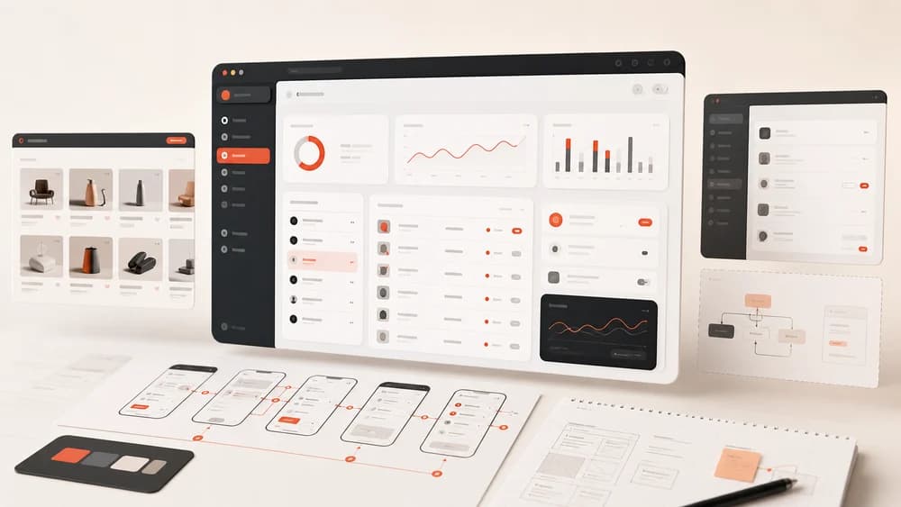 Polished product interface system with dashboards, marketplaces, and admin panels